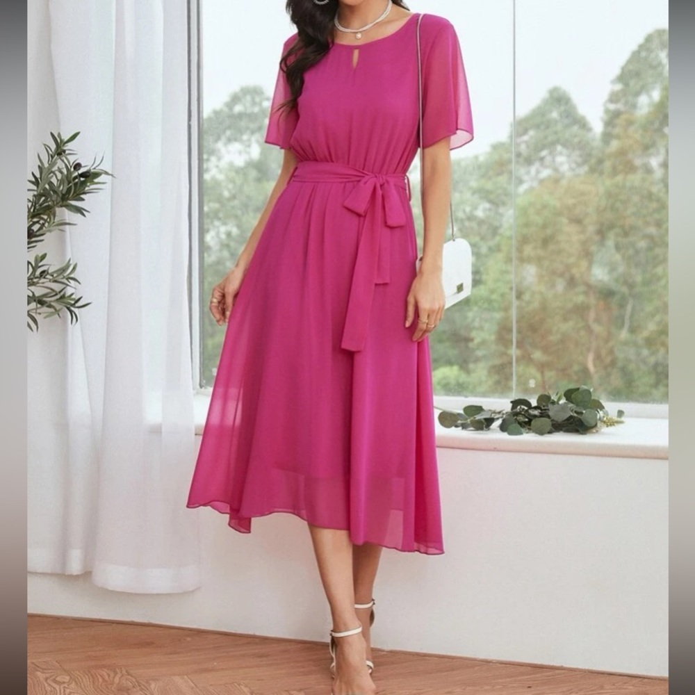 Boho hot pink belted chiffon dress - Picture 2 of 6